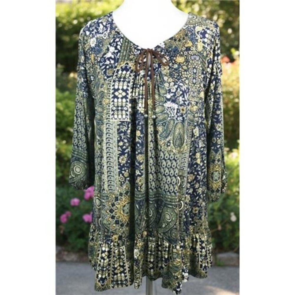 Style & Co Petite Large Navy Green Paisley Blouse Tie Keyhole Half Sleeve